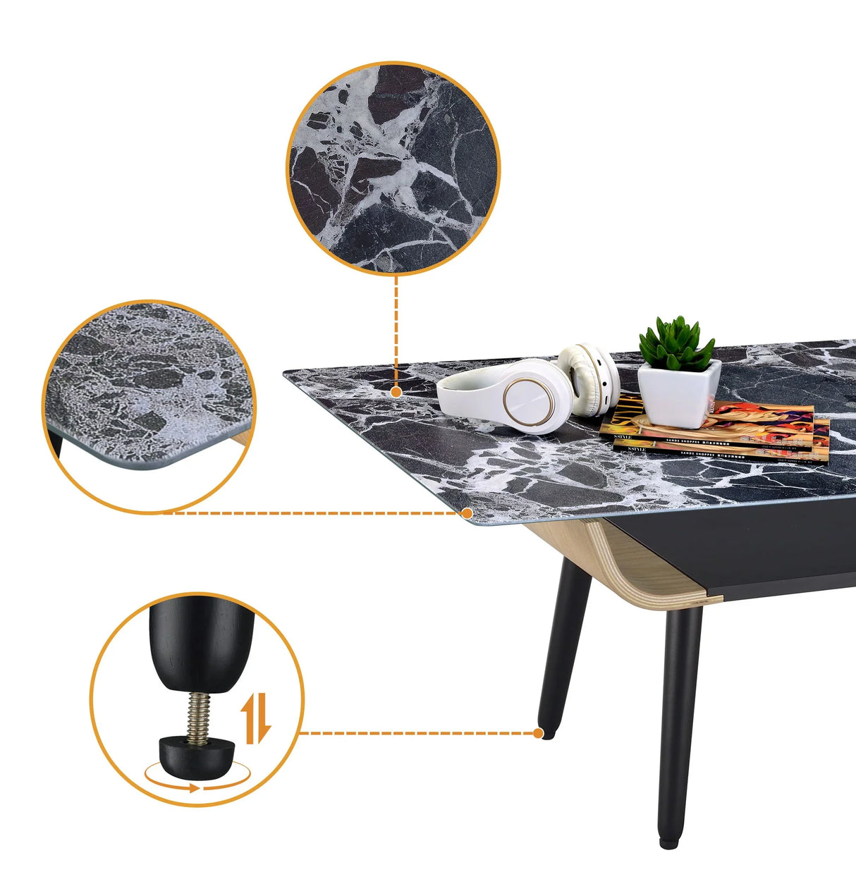 Landon - Coffee Table With Glass Marble Texture Top And Bent Wood Design - Furniture Home Direct