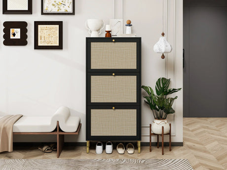 Rattan 3 Door Shoe Rack, Freestanding Modern Shoe Storage Cabinet, for Entryway - Furniture Home Direct