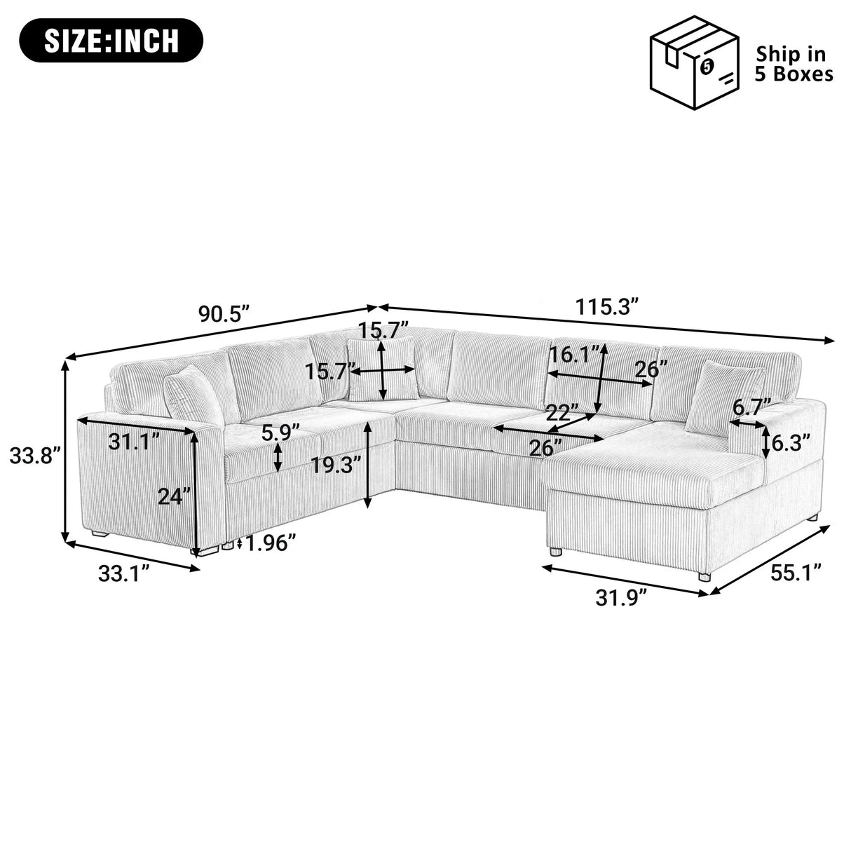 Oversized Sectional U-Shaped Sofa With Chaise Lounge And Three Soft Throw Pillows - Furniture Home Direct