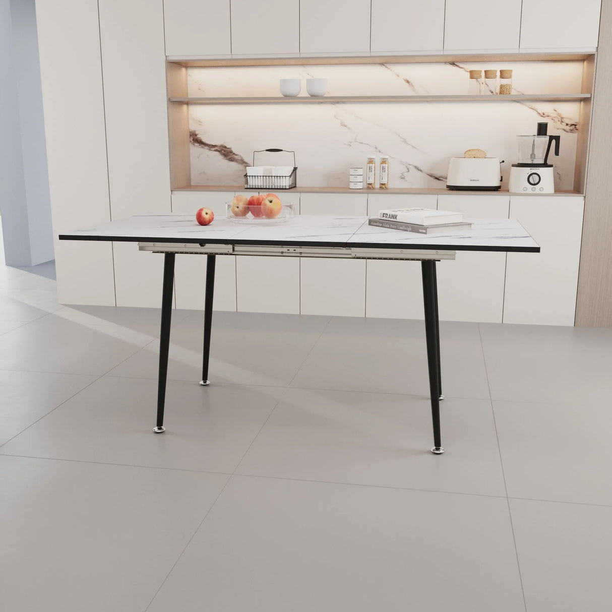Modern Industrial Expandable Dining Table 47" To With Marble Pattern Top And Metal Legs - White - Furniture Home Direct
