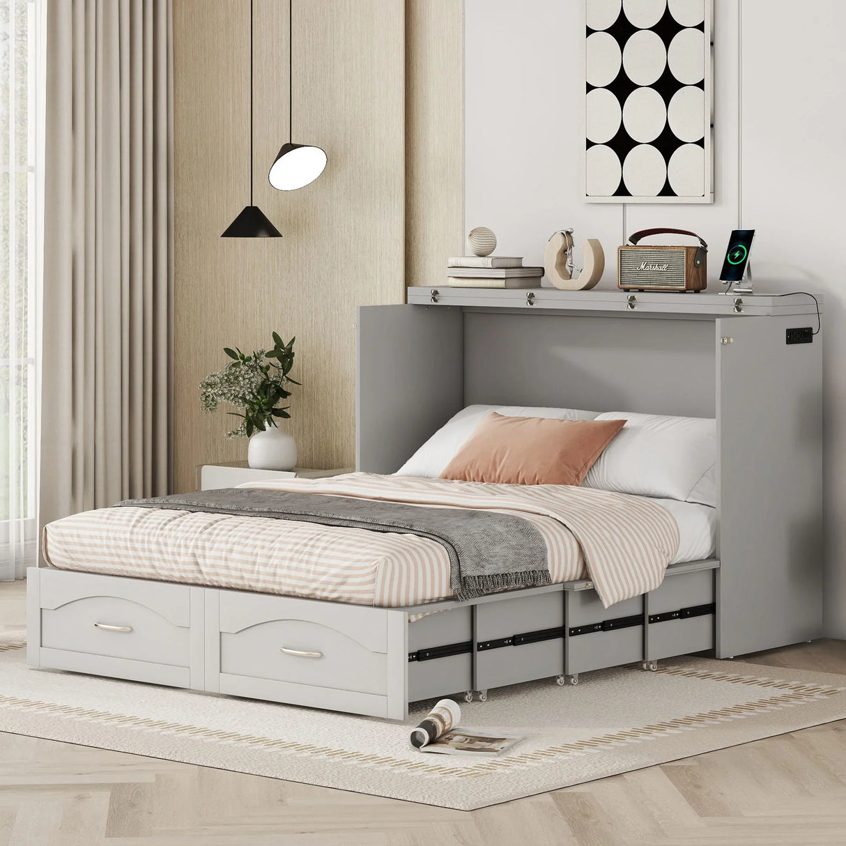 Murphy Wall Bed With Drawer And A Set Of Sockets & USB Ports, Pulley Structure Design - Furniture Home Direct