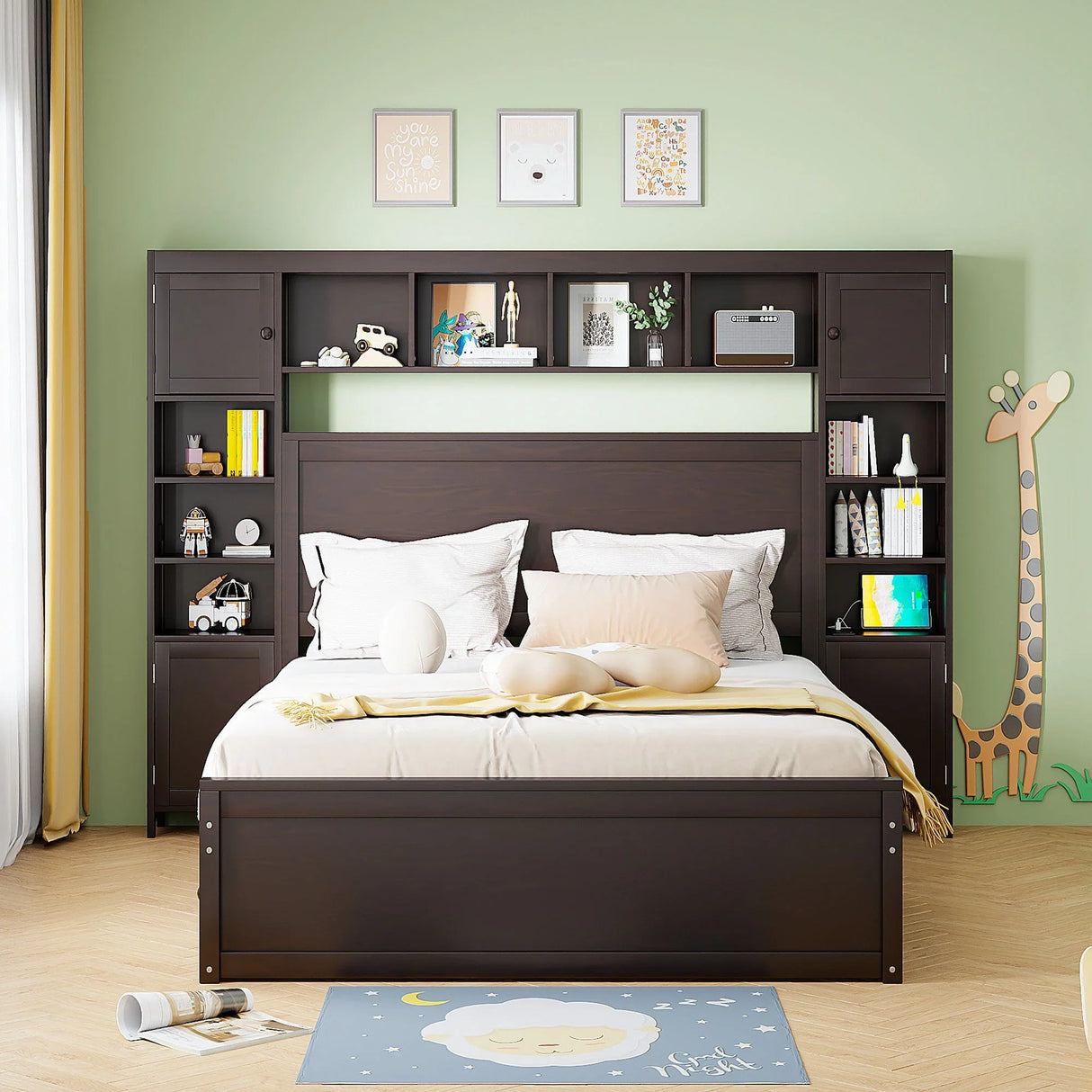 Bed With All In One Cabinet, Shelf And Sockets, Twin Long Trundle - Furniture Home Direct