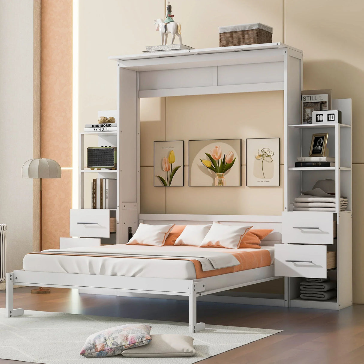 Murphy Wall Bed With Shelves, Drawers And LED Lights - Furniture Home Direct