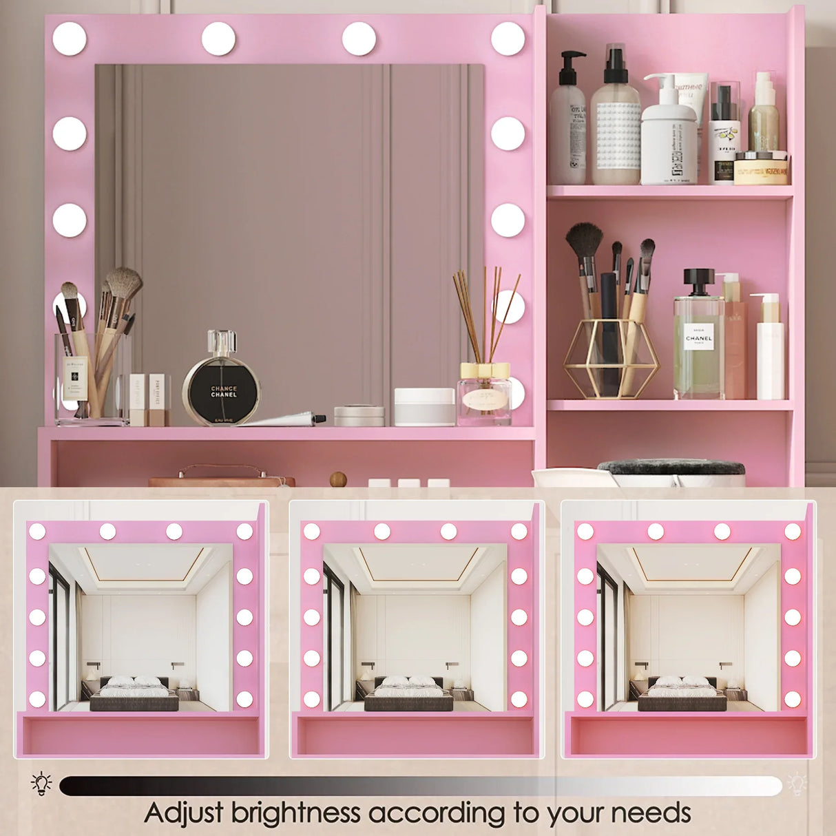 Vanity Desk With Illuminated Mirror And Storage Pink - Furniture Home Direct