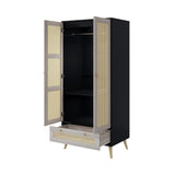 Wardrobe With 2 Rattan Doors And Drawer Natural Black - Furniture Home Direct