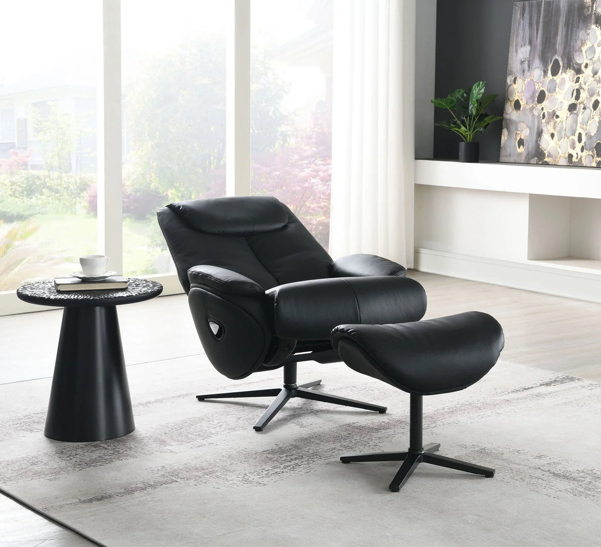Labotina - Top Grain Leather Accent Chair With Swivel & Ottoman - Black - Furniture Home Direct