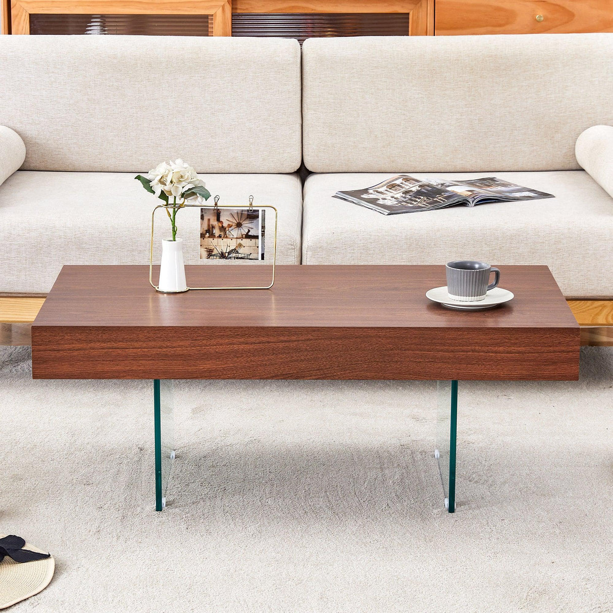 Coffee Table Faux Wood Top Glass Legs Modern Walnut - Furniture Home Direct