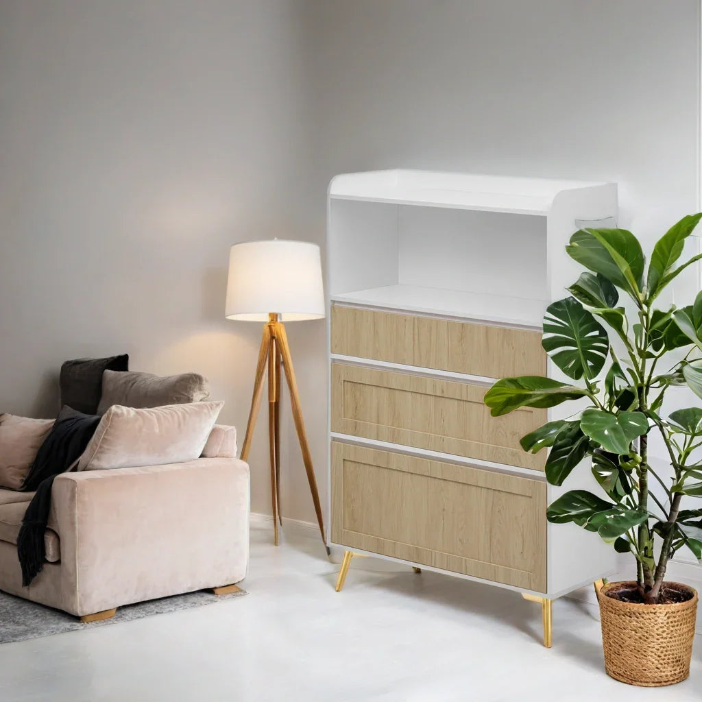 Accent Cabinet 3 Drawer White Wood Finish Light Brown - Furniture Home Direct