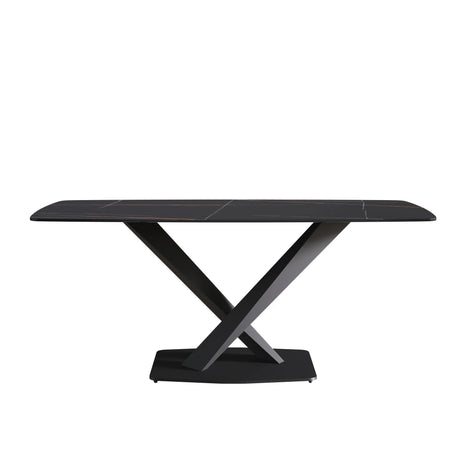 70.87" Modern Artificial Stone Black Curved Black Metal Leg Dining Table, Can Accommodate 6-8 People - Black - Furniture Home Direct