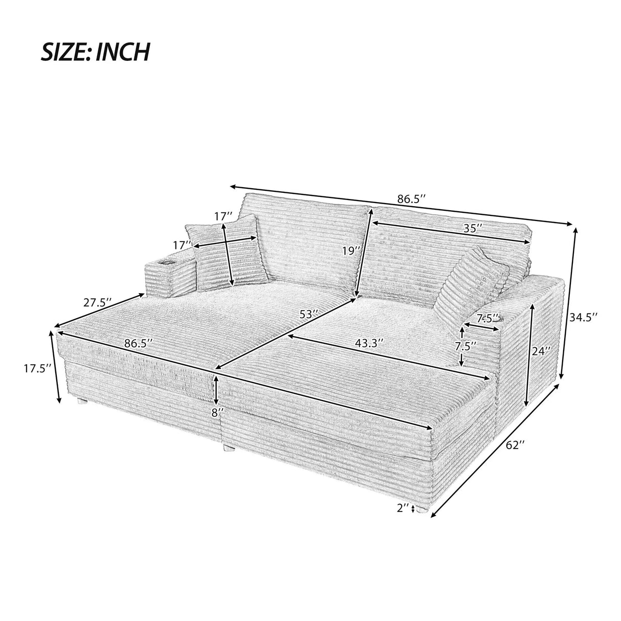 Oversized Loveseat Chaise With 2 USB Ports, 2 Cup Holders And 2 Throw Pillows - Furniture Home Direct