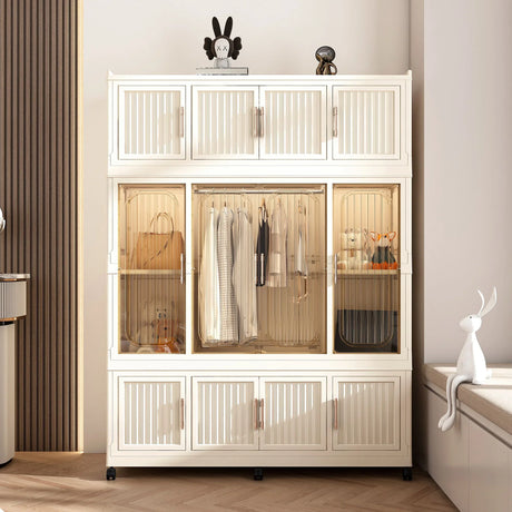 Portable Wardrobe Closet Storage Organizer With 12 Magnetic Doors, 12 Cubes & Hanging Rod - White - Furniture Home Direct