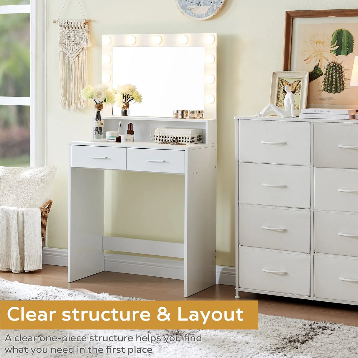 Vanity Desk With Mirror And Lights, Dressing Table With Large Drawer, 2 Level Storage Dresser & 3 Lighting Modes Adjustable Brightness, Suitable For Bedroom - Furniture Home Direct