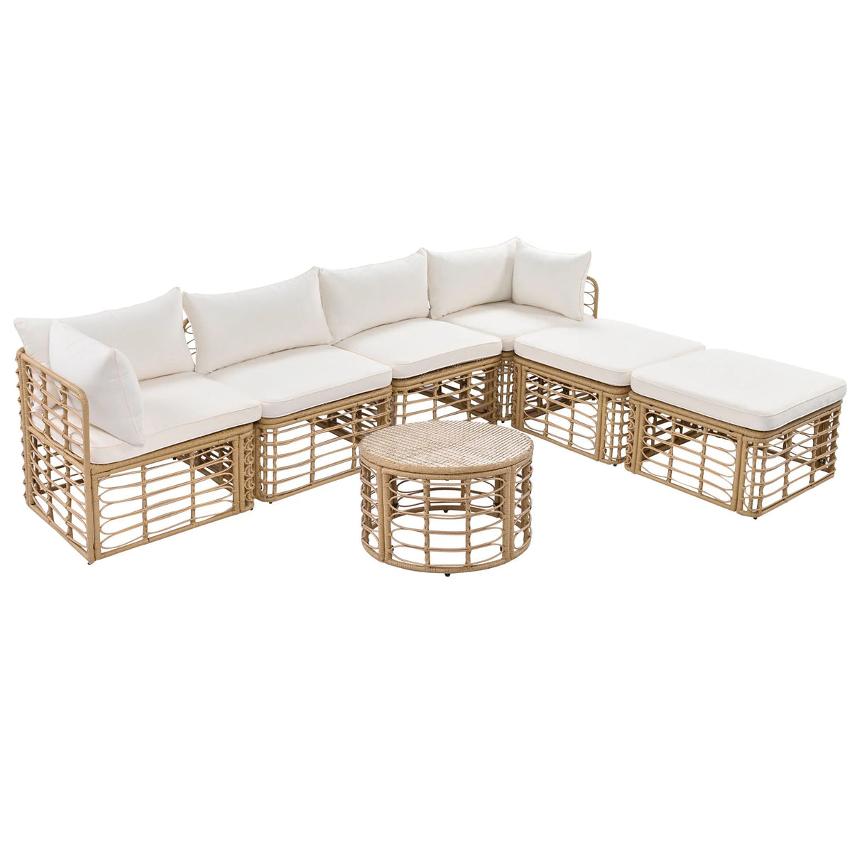 7 Piece Outdoor Patio All-Weather Rattan Sectional Sofa Set With Thick Cushions And Pillows - Beige - Furniture Home Direct