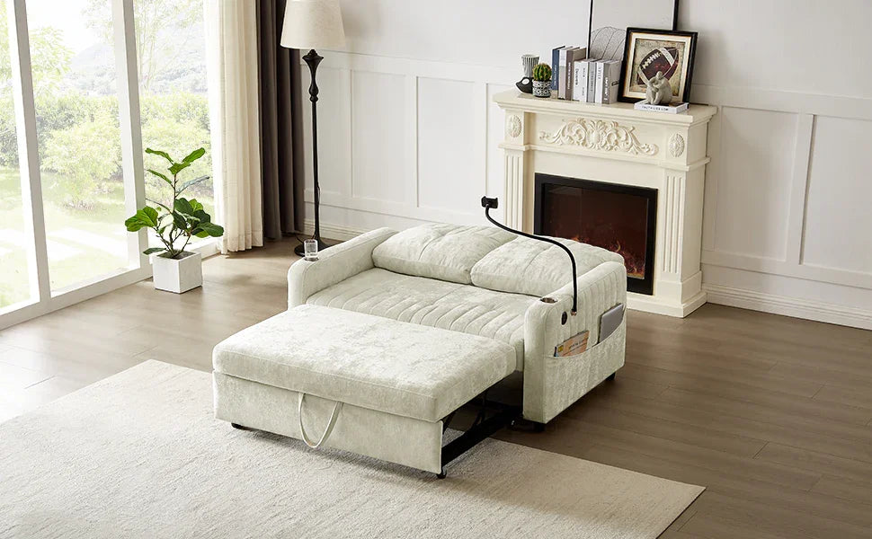 Sleeper Sofa With Adjustable Backrest, Two Cup Holders, Phone Holder, Three Charging Ports And Side Storage Pockets- Beige - Furniture Home Direct