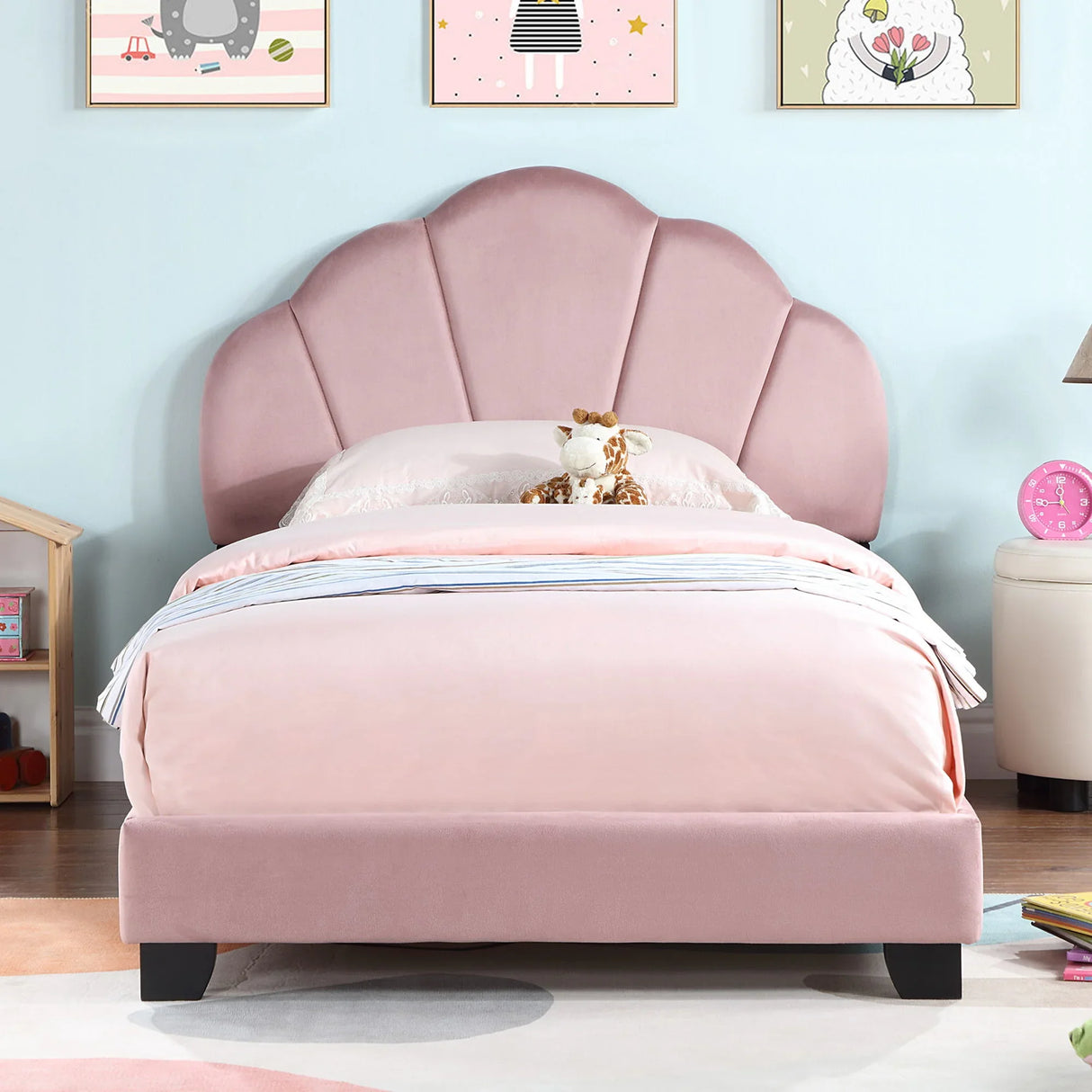 Upholstered Twin Size Platform Bed For Kids Wooden Bed Frame With Slatted Bed Base No Box Spring Needed Cute Bed Frame With Shell Design Headboard - Pink - Furniture Home Direct