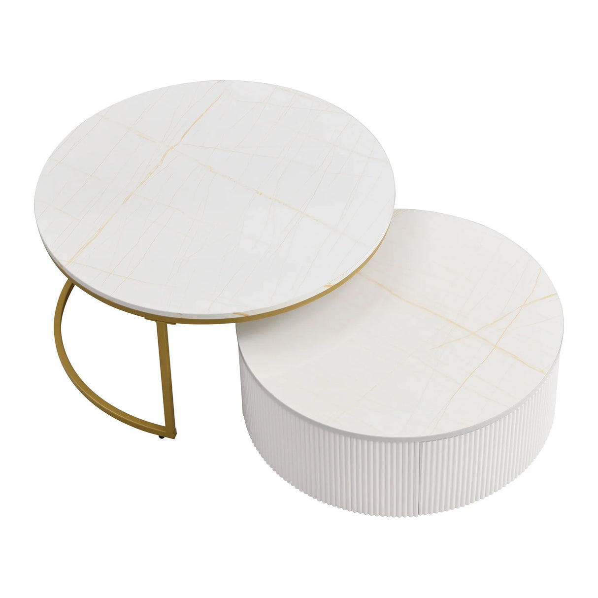 Round Nesting Coffee Table Fluted Drawer Gold and White - Furniture Home Direct