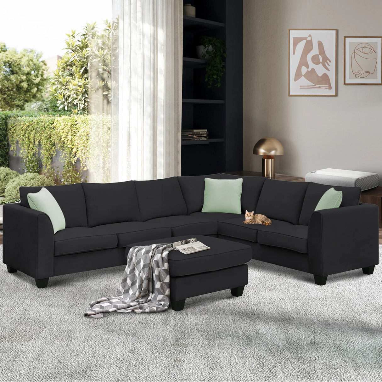 L Shaped Sectional Sofa with Ottoman and Cushions Black - Furniture Home Direct