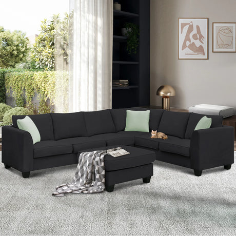 L Shaped Sectional Sofa with Ottoman and Cushions Black - Furniture Home Direct