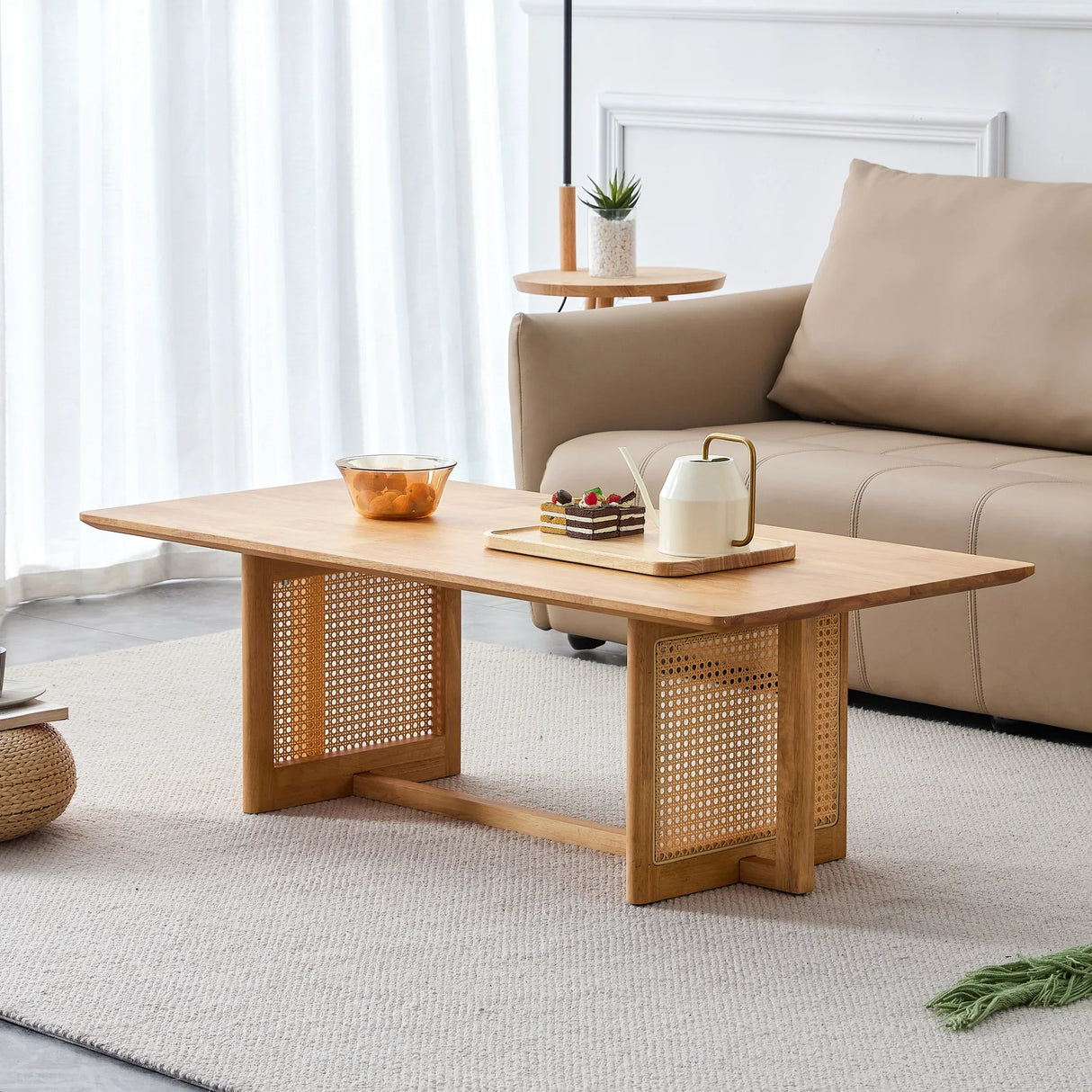 Coffee Table Solid Wood With Woven Rattan Panels Natural - Furniture Home Direct