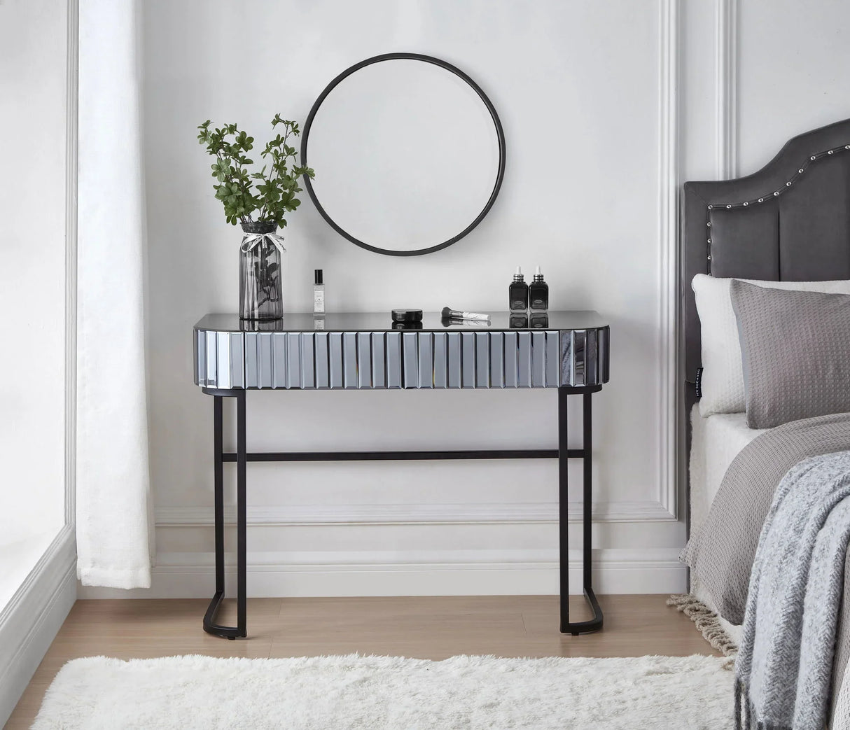 Mirrored Makeup Vanity Table With Stainless Steel Base And 2 Drawers - Furniture Home Direct