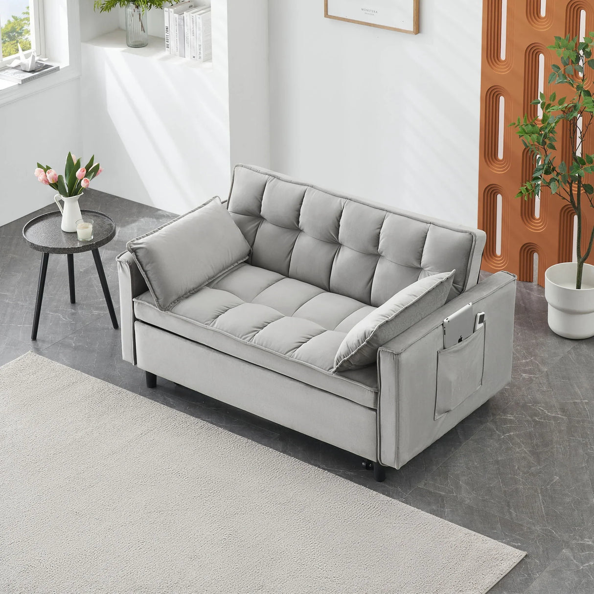 Modern Velvet Sofa, Sofa Pull-Out Bed, Small Love Seat Casual Sofa With Back, With Pillow, Pockets, Living Room Furniture, 3 In 1 Convertible Sleep Sofa Bed - Furniture Home Direct