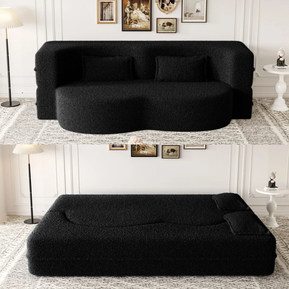 Modern Floor Sofa, With 2 Pillows, Convertible Teddy Fabric Foam Filled Bed - Furniture Home Direct