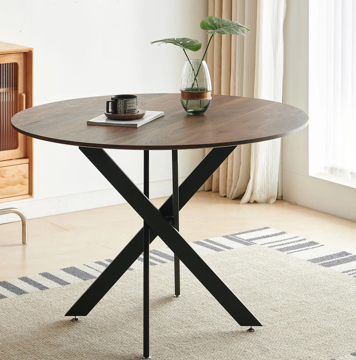 Mid-Century Dining Table For 4 - 6 People With Round MDF Table Top, Pedestal Dining Table, End Table Leisure Coffee Table, Cross Leg - Furniture Home Direct