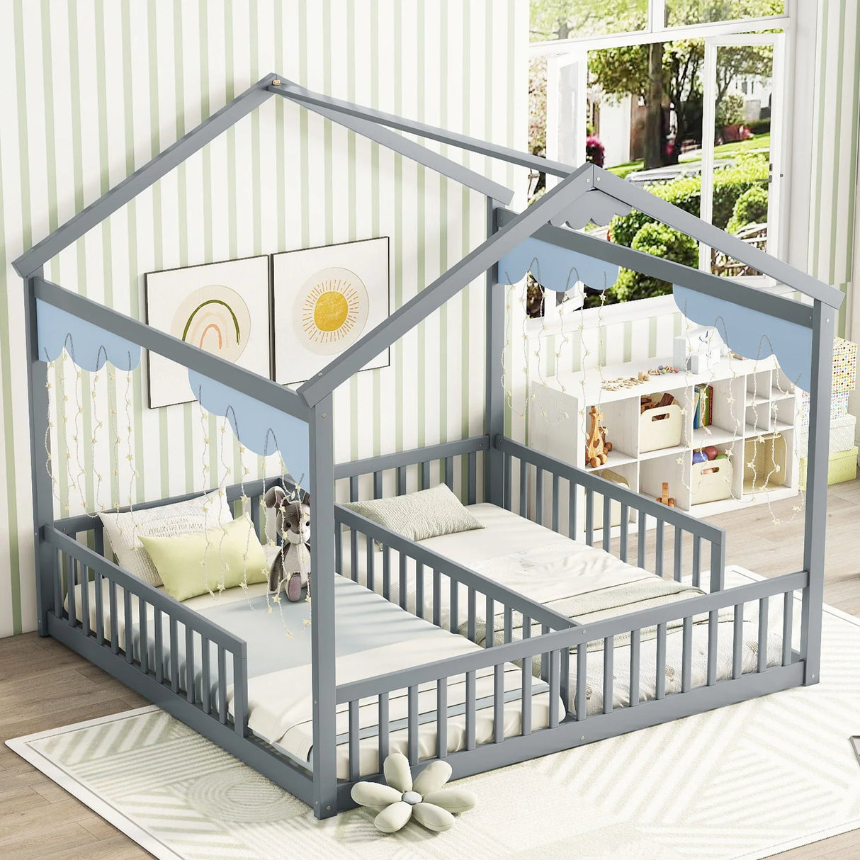 Double Twin House-Style Floor Bed With Fence, Guardrails, Without Door - Furniture Home Direct