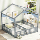 Double Twin House-Style Floor Bed With Fence, Guardrails, Without Door - Furniture Home Direct
