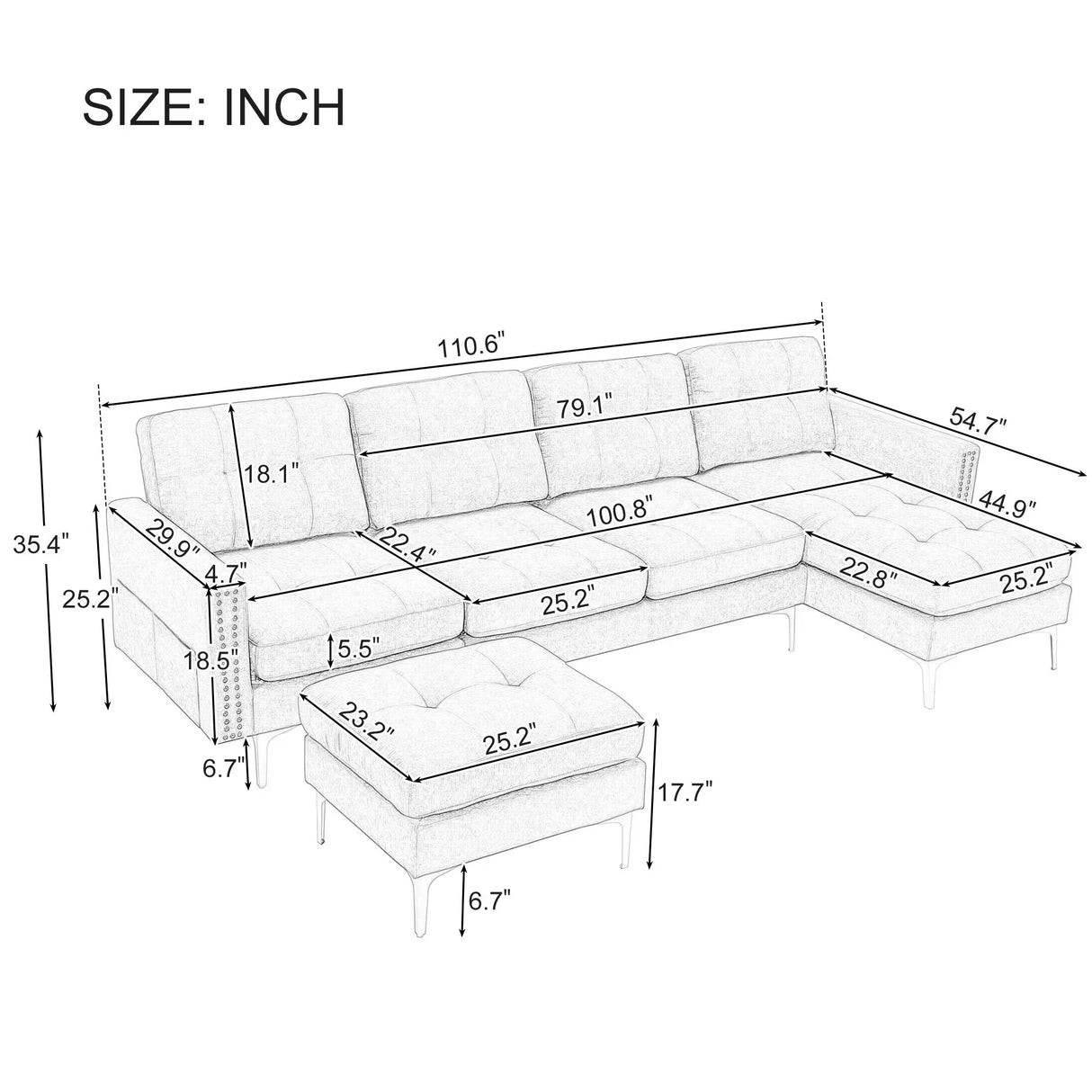 Modern L - Shape Convertible Sectional Sofa With Movable Ottoman - Furniture Home Direct