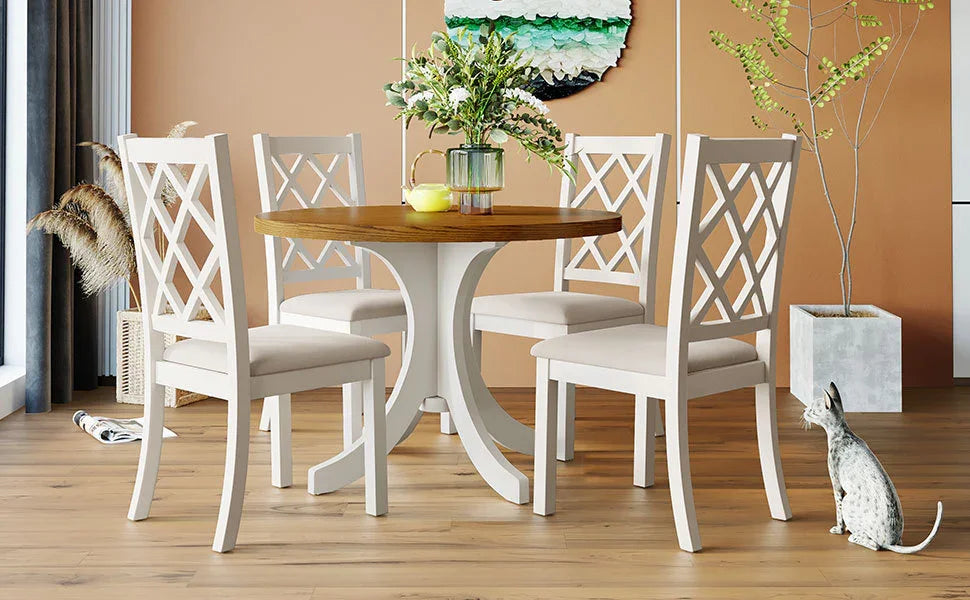 Dining Set Round Table With Upholstered Chairs Walnut Beige - Furniture Home Direct