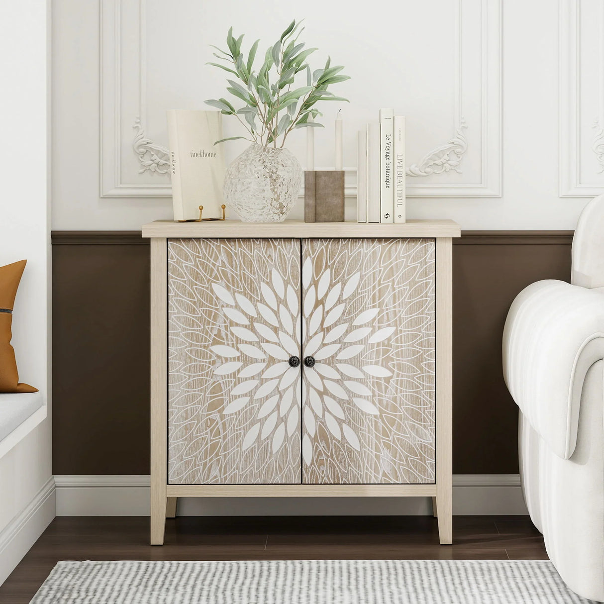 2 Door Carved Storage Cabinet With Adjustable Shelf, Accent Furniture - Furniture Home Direct