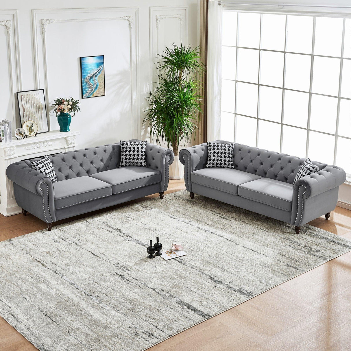 Chesterfield Velvet Upholstery Fabric Sofa With Roll Armrest & Nailhead, Mid Century Modern 3 And 3 Seater Couch - Furniture Home Direct