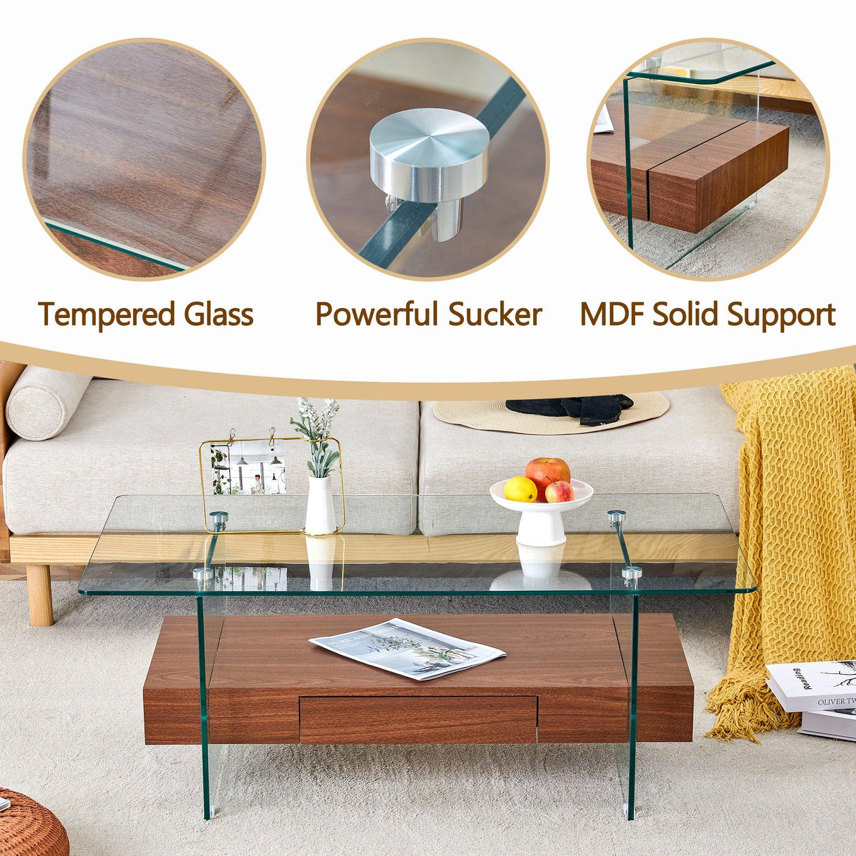 Coffee Table Two Tier Glass Top With Drawer Dark Walnut - Furniture Home Direct