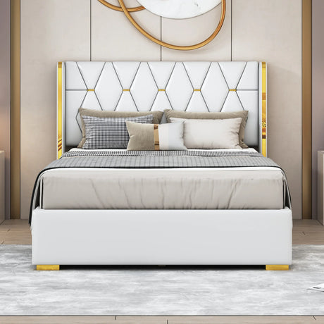 Full Size Upholstered Platform Bed Metal Strips Off White - Furniture Home Direct