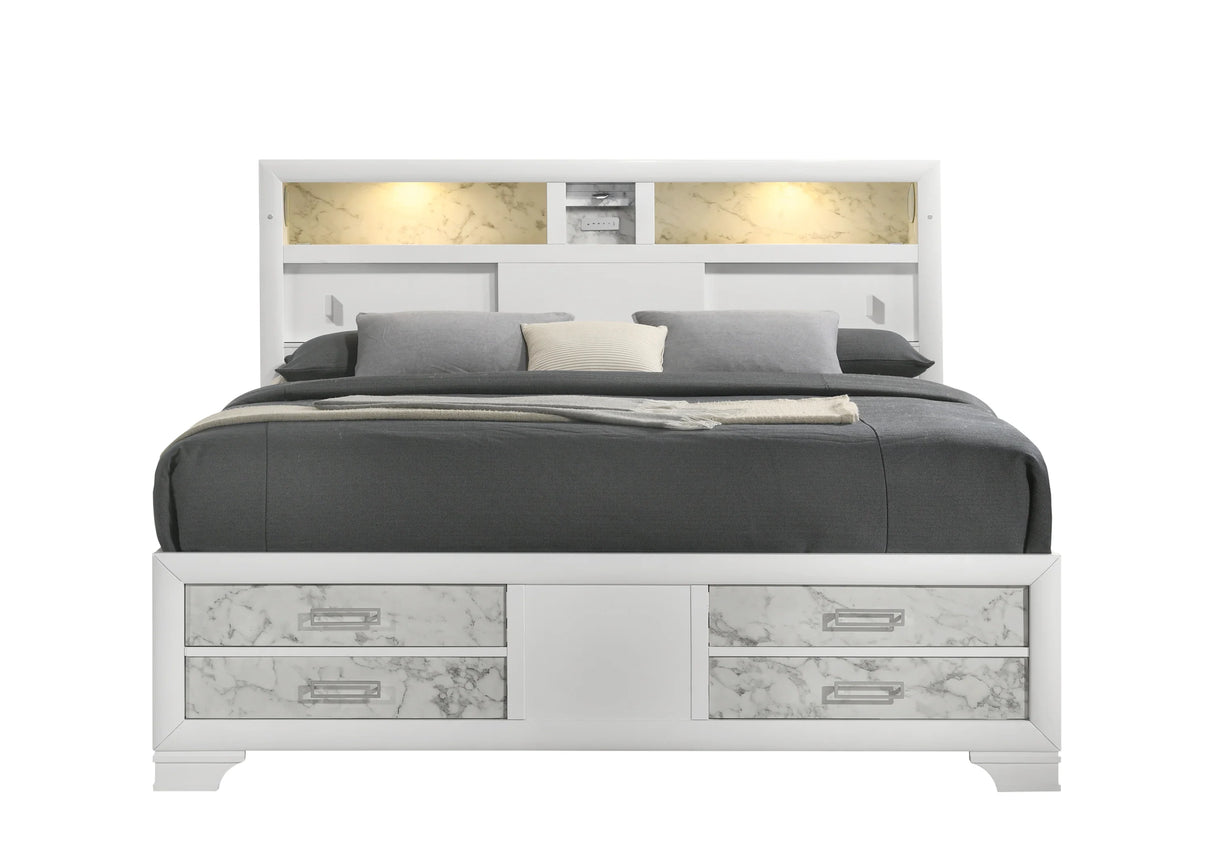 Queen Bed With Storage Drawers Modern Marble Finish White - Furniture Home Direct