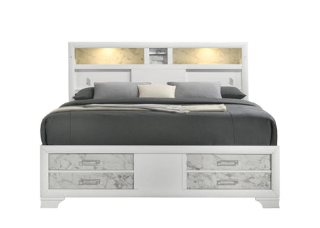 Queen Bed With Storage Drawers Modern Marble Finish White - Furniture Home Direct