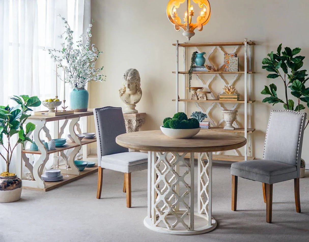 Round Wooden Dining Table With Ornate Cut Out Base - Brown / Antique White - Furniture Home Direct