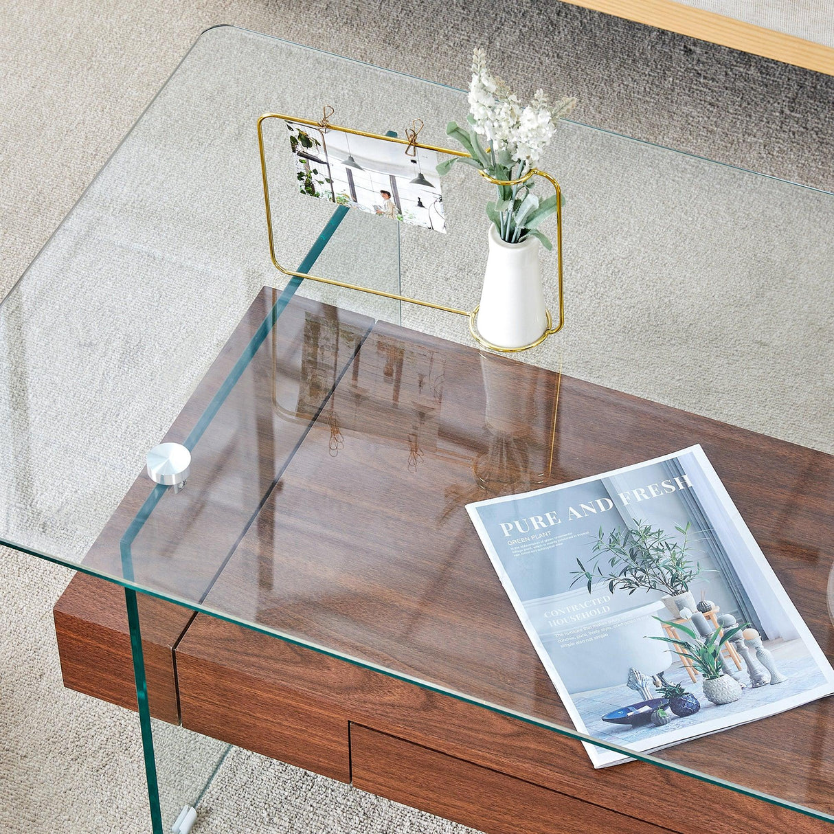 Coffee Table Two Tier Glass Top With Drawer Dark Walnut - Furniture Home Direct