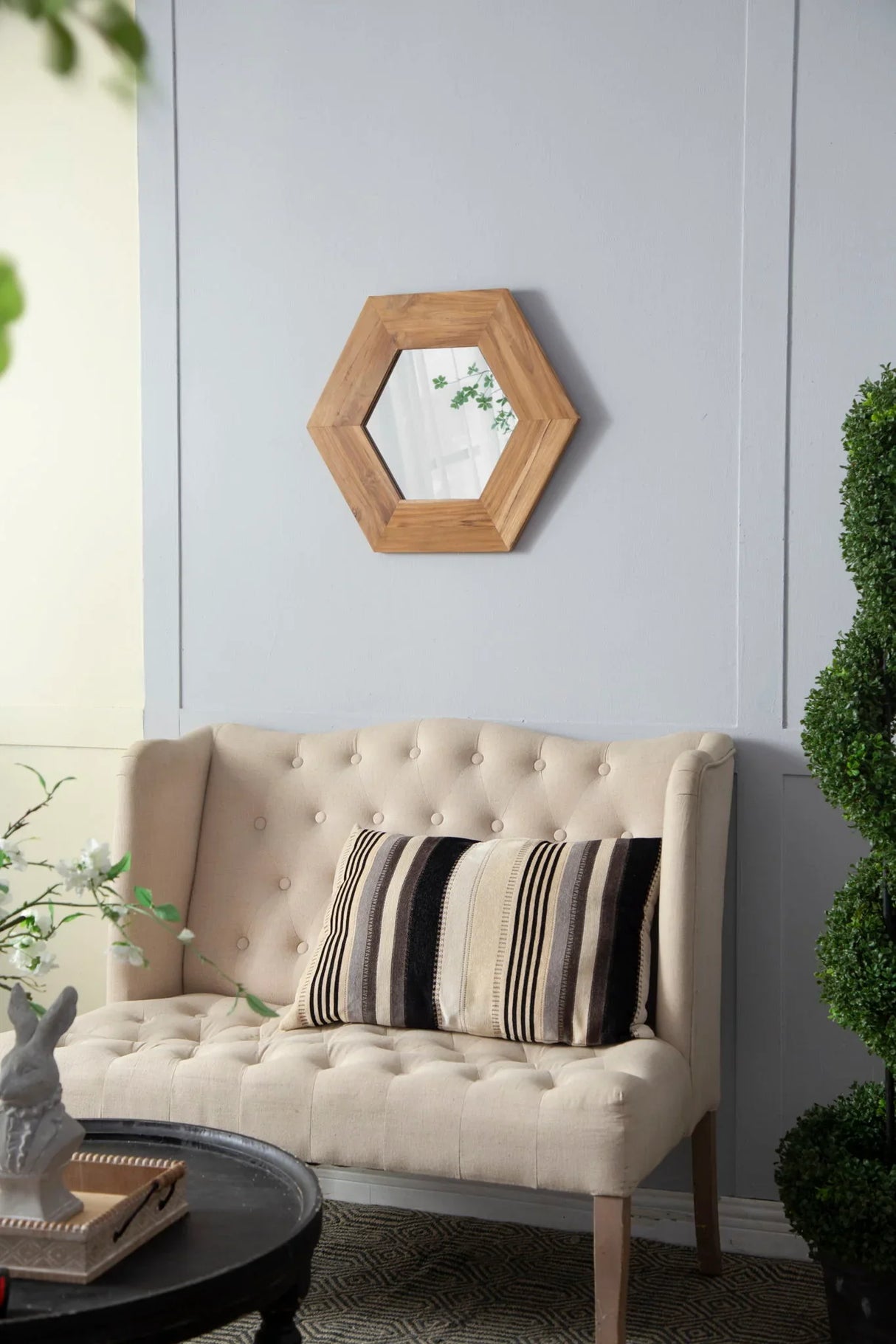 Hexagon Mirror With Natural Wood Frame, Wall Decor For Living Room Bathroom Hallway - Furniture Home Direct