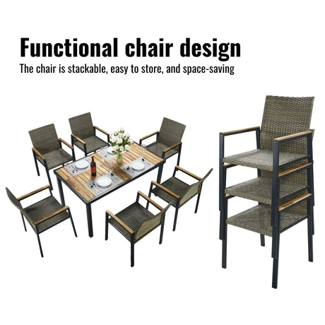 All Weather 7 Piece Patio Dining Table Set With Umbrella Hole - Brown / Gray - Furniture Home Direct