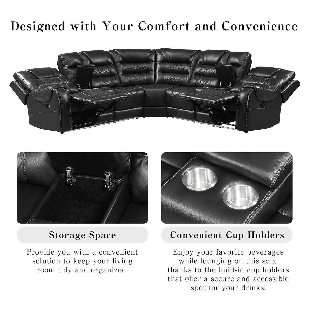 Sectional Sofa Manual Reclining With LED Light Strips Black - Furniture Home Direct