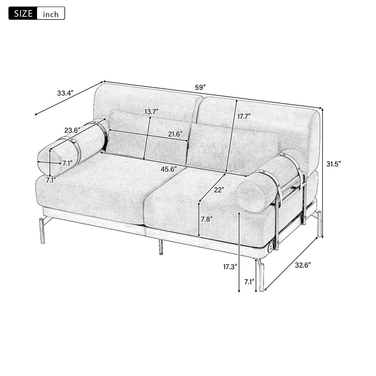 Modern Loveseat Sofa 2 Seater With USB Ports, Cylindrical Armrests - Furniture Home Direct