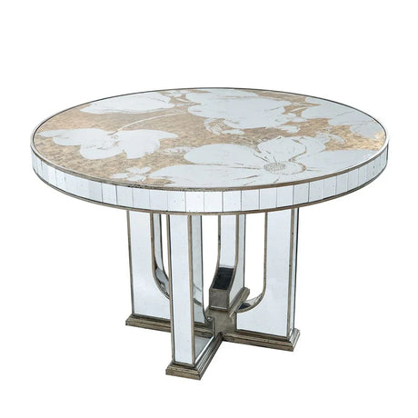 Round Dining Table With Elegant Floral Design And Mirrored - Silver Multi - Furniture Home Direct