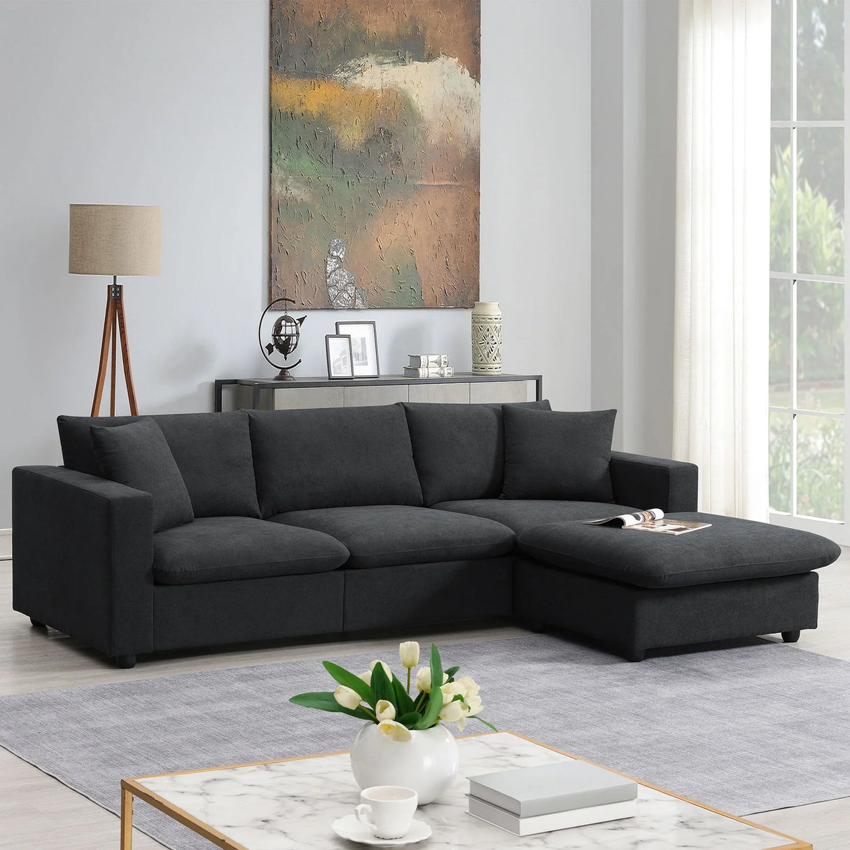 Modern Sectional Sofa With Throw Pillows, Cloud L Shaped Couch Set With Wide 4 Seat Comfy Couch Set With Movable Ottoman - Furniture Home Direct