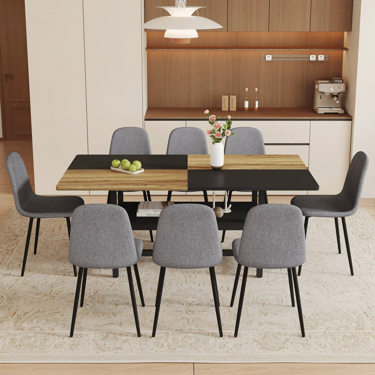Dining Set With 8 Upholstered Chairs And Wood Table Gray - Furniture Home Direct