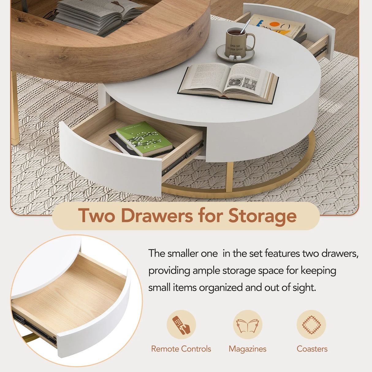 Nesting Coffee Tables Lift Top With 2 Drawers White Natural - Furniture Home Direct