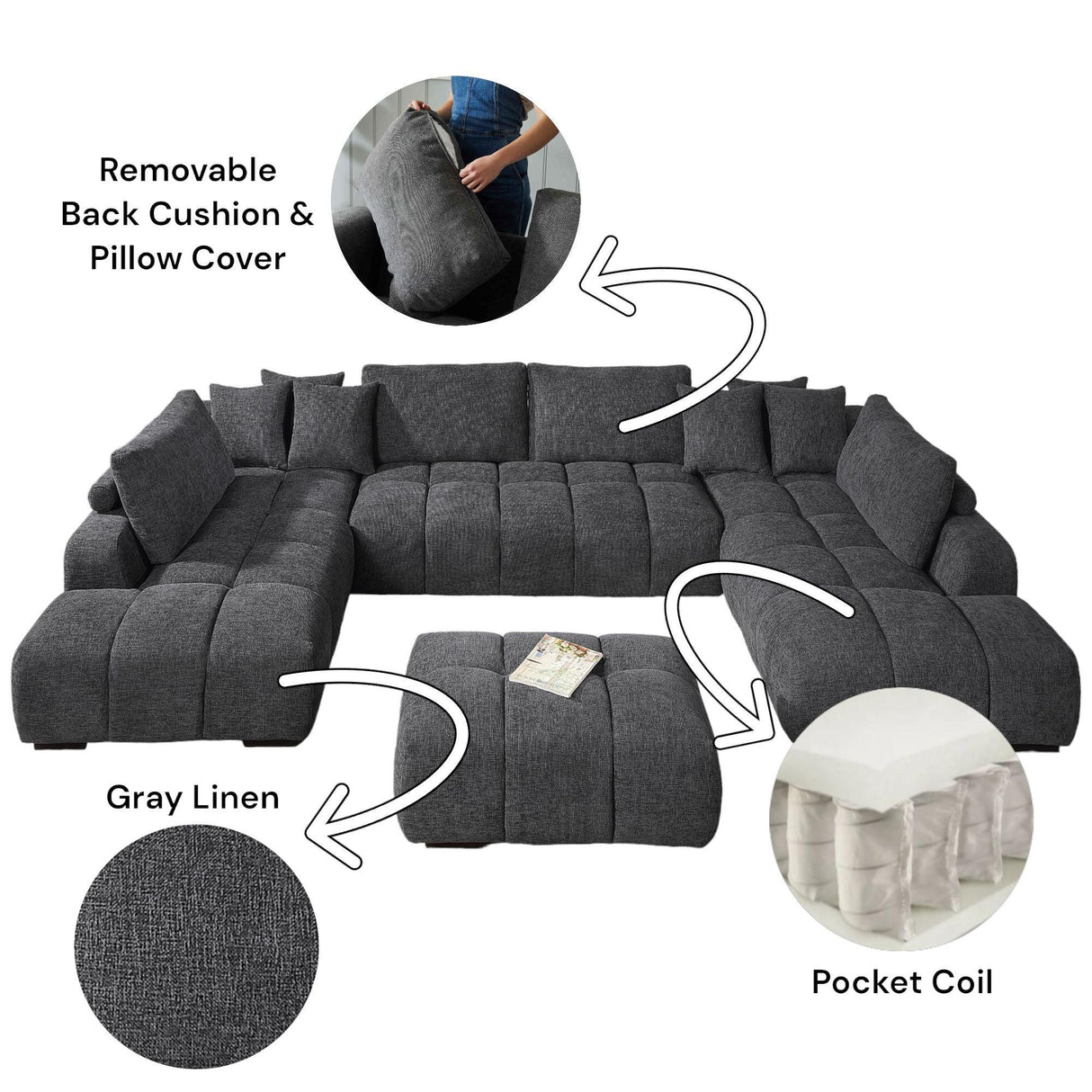 Chosen - Sectional Sofa With Toss Pillows With 2 Chaises With Ottoman - Gray - Furniture Home Direct