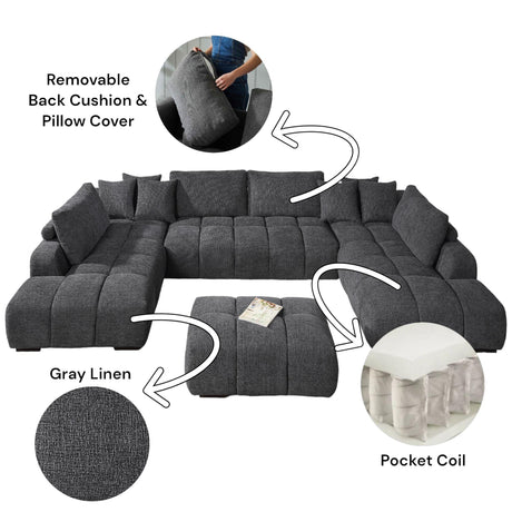 Chosen - Sectional Sofa With Toss Pillows With 2 Chaises With Ottoman - Gray - Furniture Home Direct