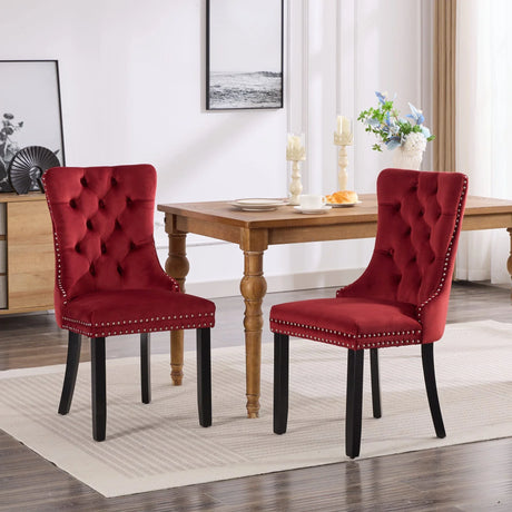 Classic Velvet Dining Chairs, High-End Tufted Solid Wood Contemporary Velvet Upholstered Dining Chair With Wood Legs Nailhead (Set of 2) - Burgundy - Furniture Home Direct
